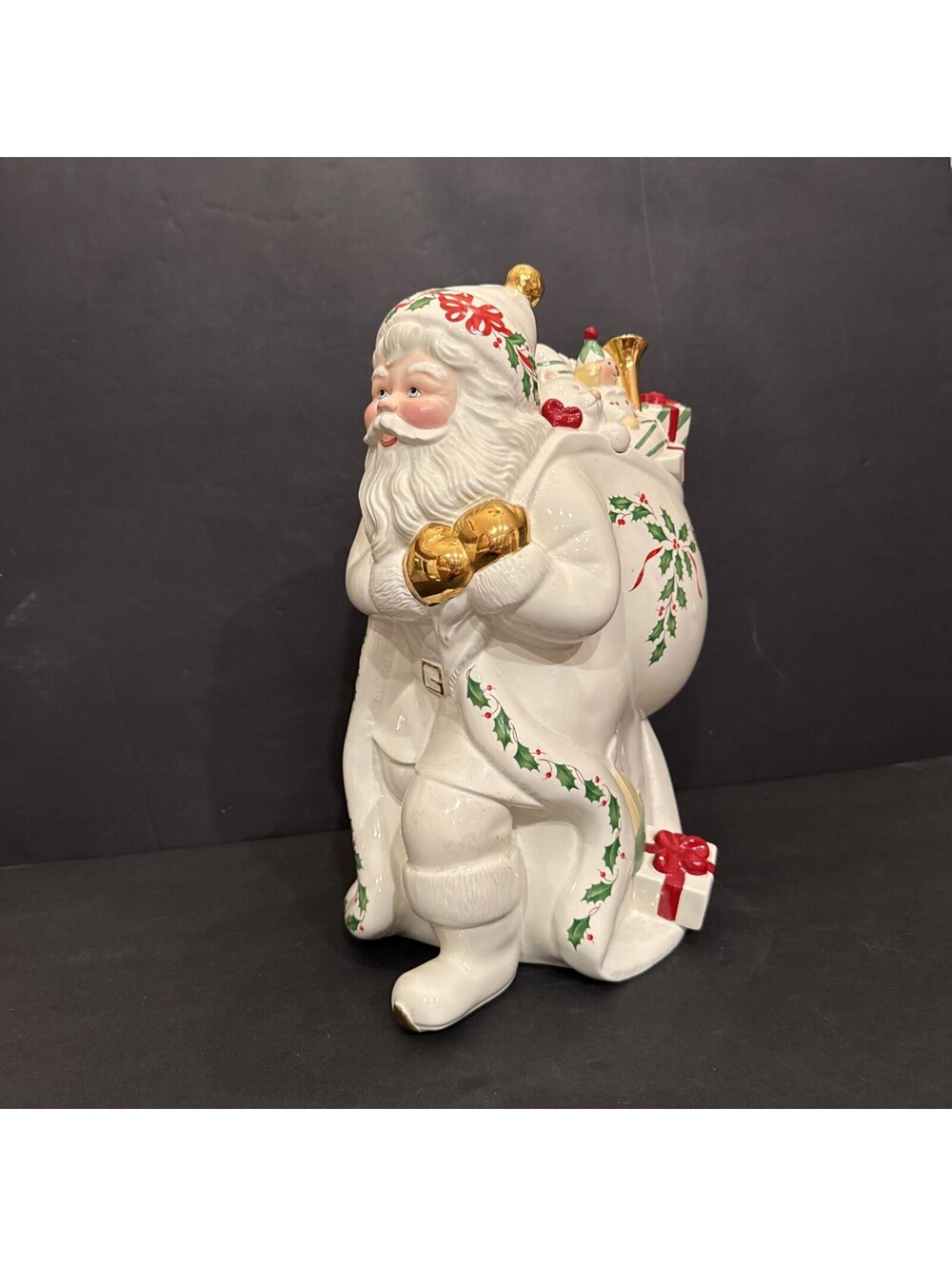 Lenox Holiday Santa Cookie Jar with Toy Sack 13” H Ivory Holly Christmas Décor
